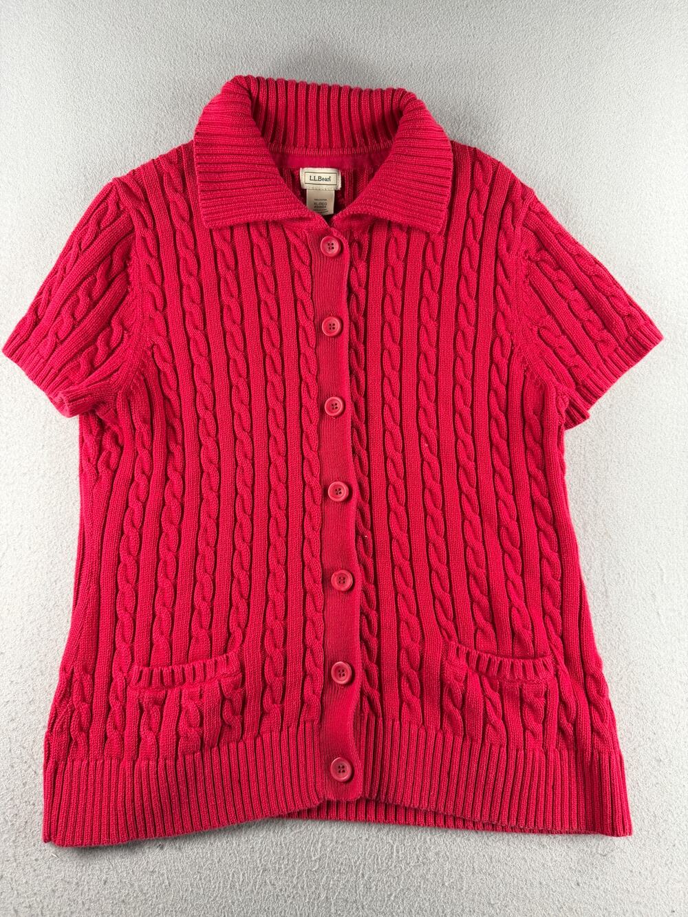 L.L. Bean Women's XL Red Cable Knit Cotton Short Sleeve Cardigan Sweater